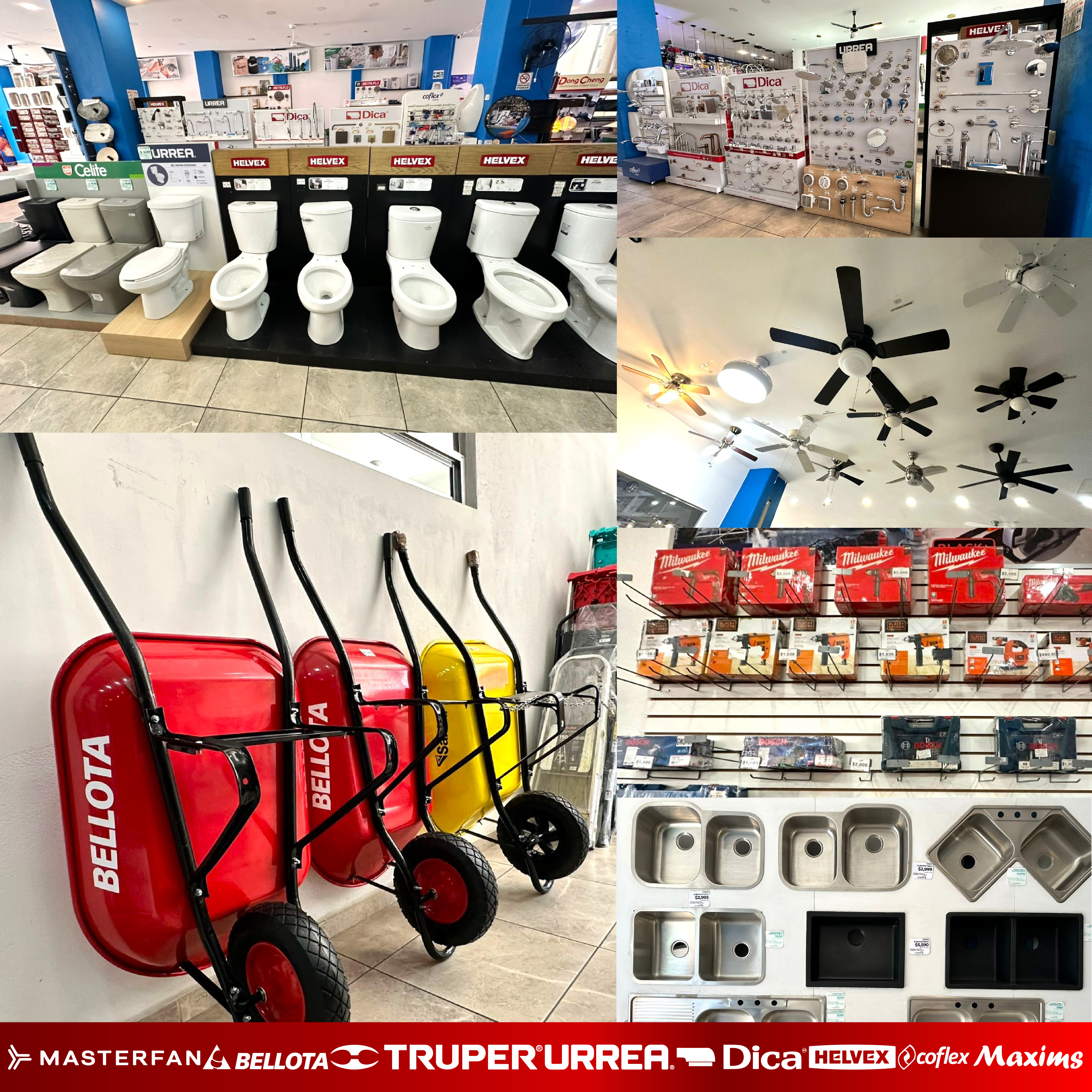 Interior de tienda moderna con estantes llenos de productos variados como herramientas, alimentos y bebidas.