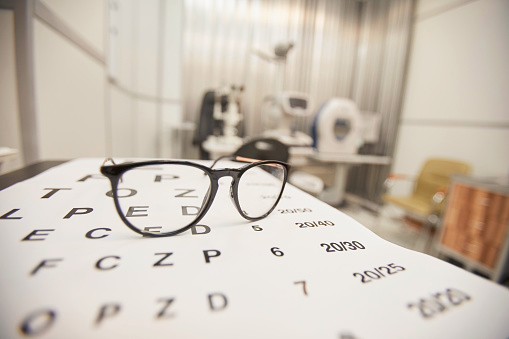 Gafas sobre carta optométrica en consultorio oftalmológico para examen de la vista