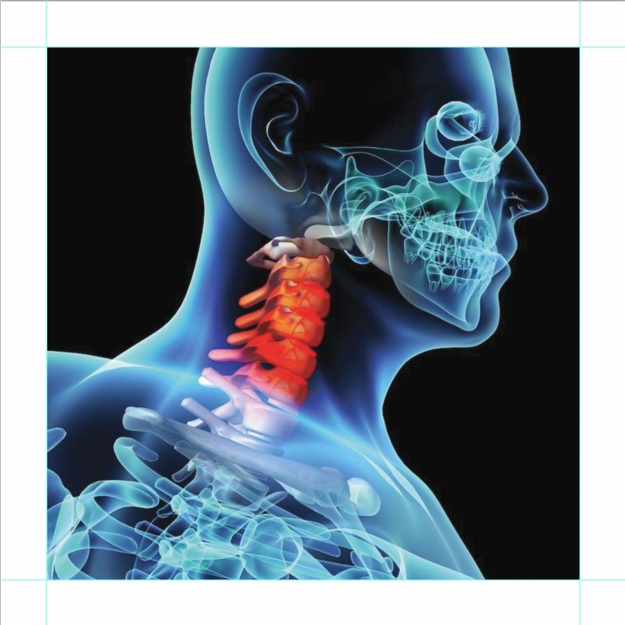 Anatomical illustration of a human side profile highlighting the cervical spine with red vertebrae, x-ray view. Anatomical illustration of a human side profile highlighting the cervical spine with red vertebrae, x-ray view.