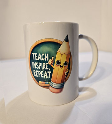 15oz ceramic mug featuring a teach inspire repeat design