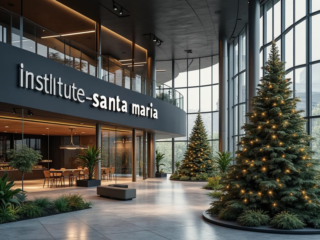 Vestíbulo moderno del instituto Santa Maria con árboles de Navidad decorados y grandes ventanales.