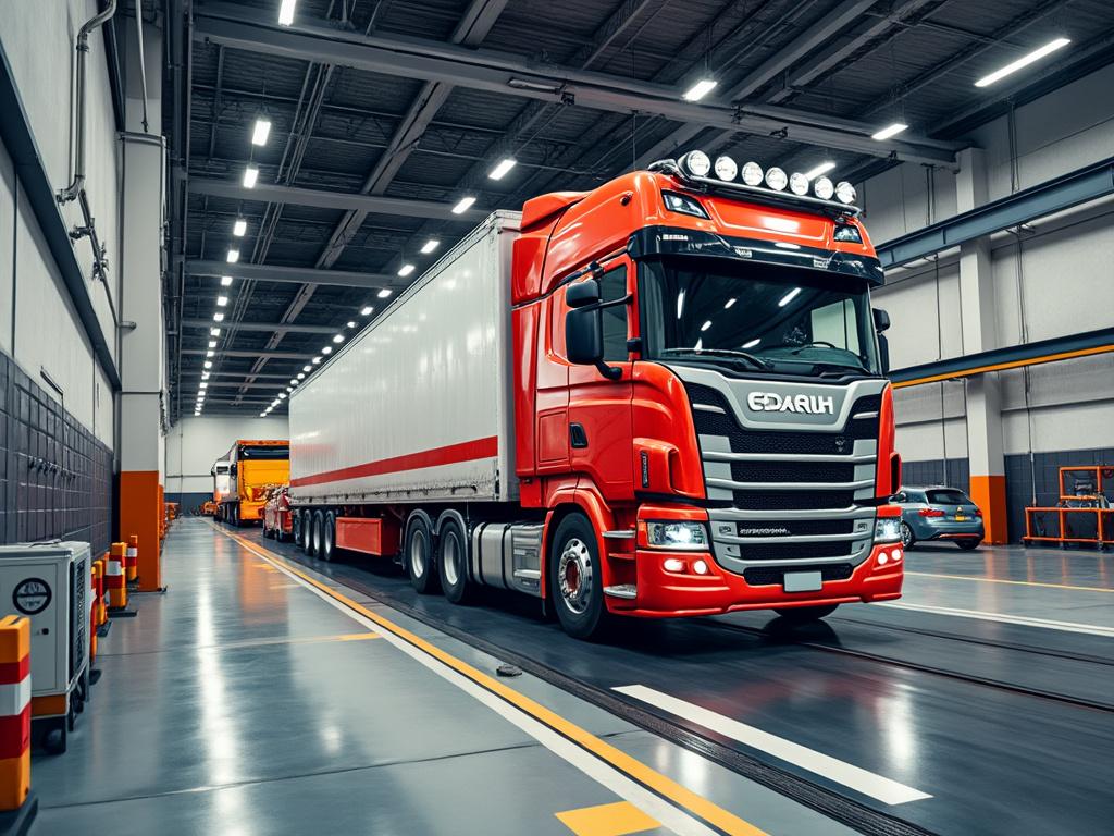Camión rojo grande dentro de un almacén iluminado con otros vehículos al fondo.