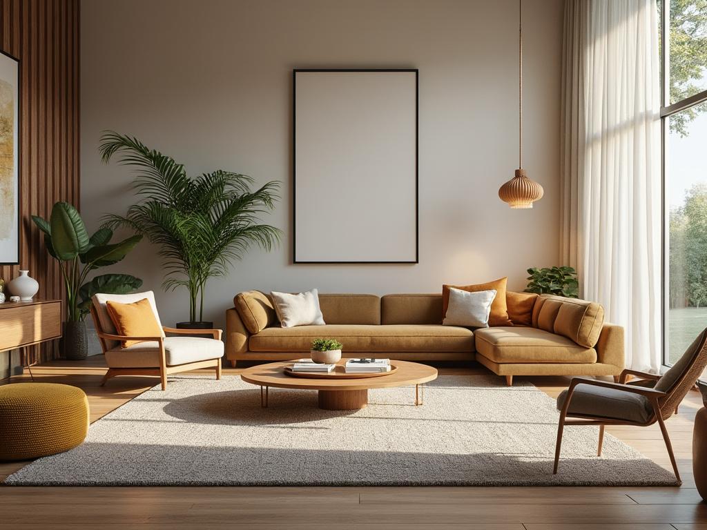 Sala de estar moderna con sofá sectional marrón, sillón, mesa de centro redonda, planta grande, alfombra beige y ventana con cortina blanca.