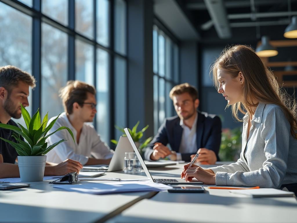 Personas trabajando en una oficina luminosa con computadoras portátiles y plantas en la mesa, reflejando un ambiente profesional y colaborativo. Personas trabajando en una oficina luminosa con computadoras portátiles y plantas en la mesa, reflejando un ambiente profesional y colaborativo.