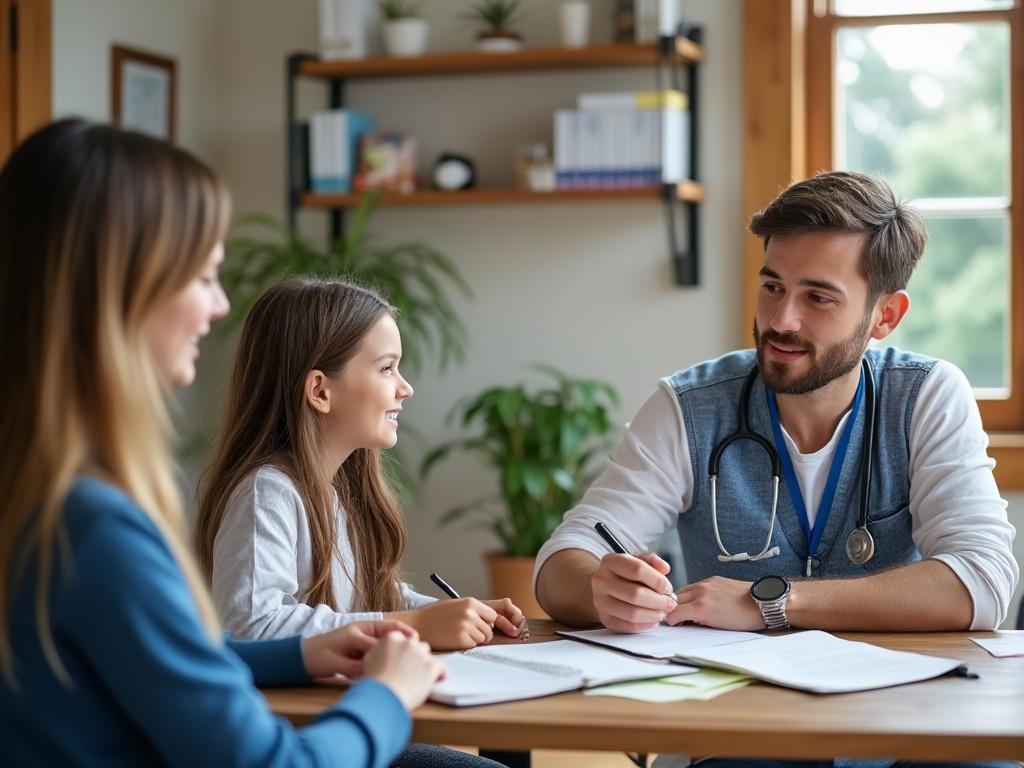 Doctor consulting with a mother and daughter in a bright, modern office setting.