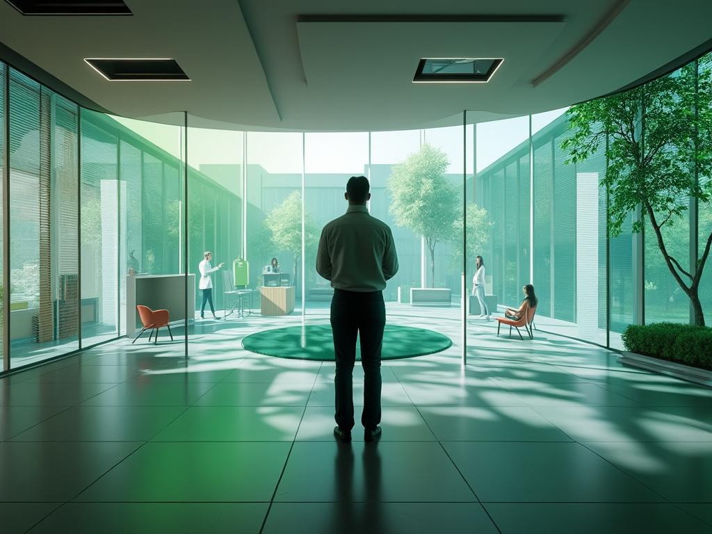 Modern office interior with a large glass atrium, silhouettes of people working, and greenery outside the windows.