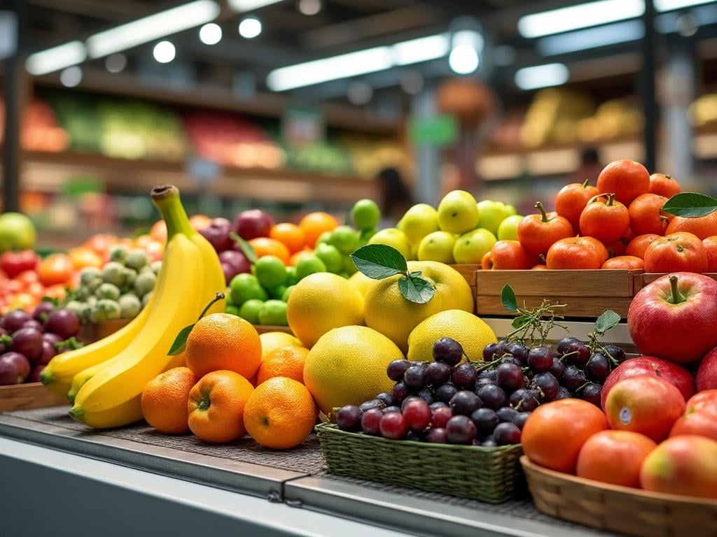 Frutas frescas en un supermercado, incluyendo manzanas, uvas, naranjas, bananas y limones.