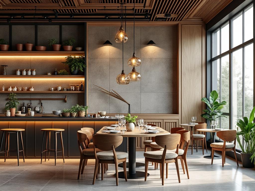 Interior moderno de un restaurante con mesas de madera, sillas elegantes, plantas decorativas, estanterías iluminadas y lámparas colgantes.