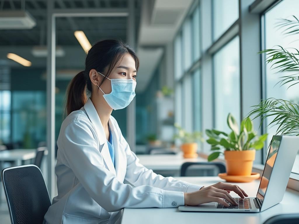 Mujer con bata blanca y mascarilla trabajando en una computadora portátil en oficina moderna iluminada, con plantas en macetas al fondo.