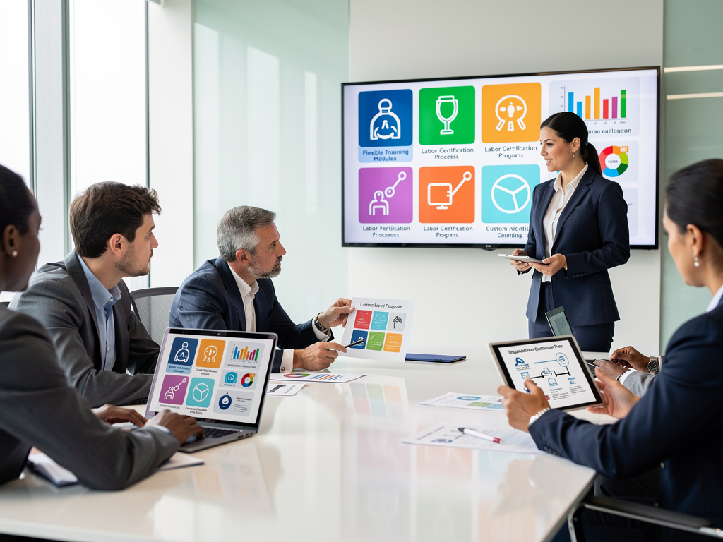 Reunión empresarial con presentación de programas de certificación laboral en pantalla y tablets