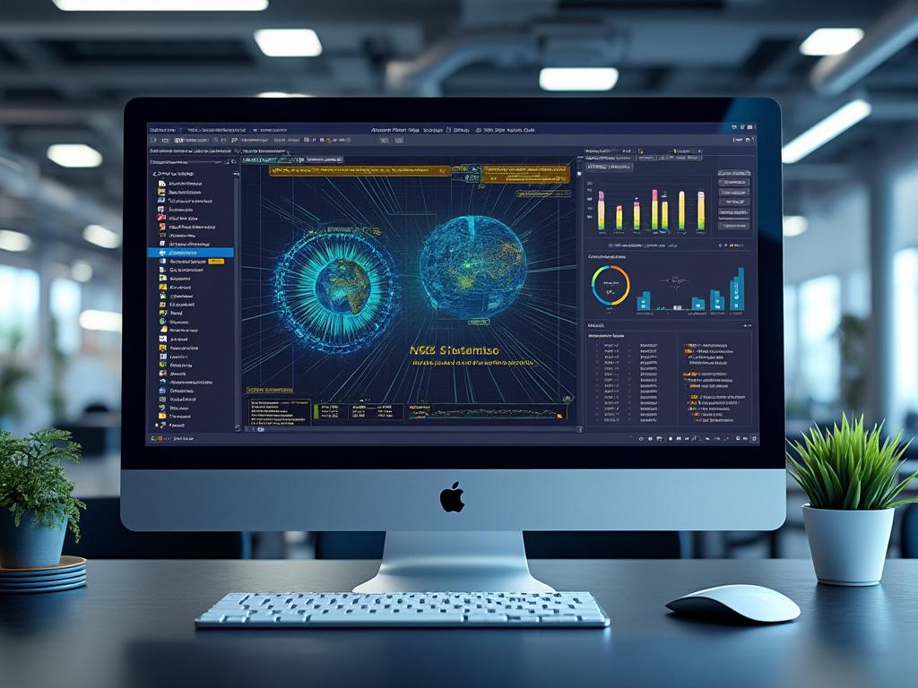 Pantalla de computadora mostrando análisis de datos con gráficos y mapas en una oficina moderna con iluminación natural.