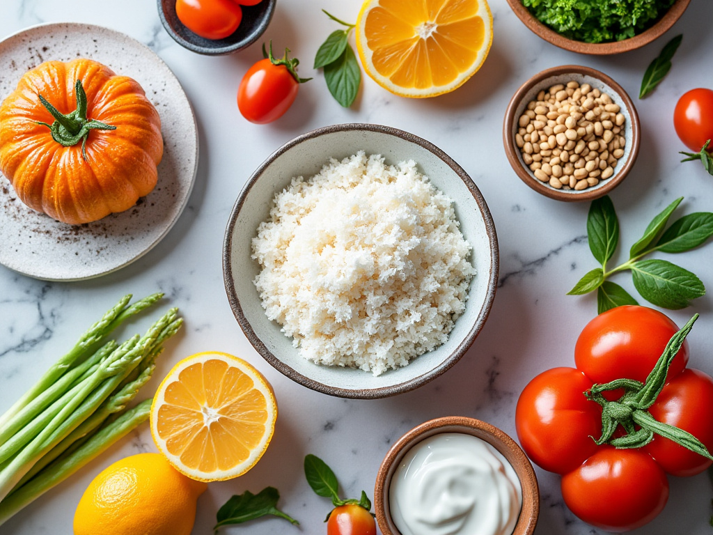 Ingredientes frescos como calabaza, espárragos, limón, tomate, albahaca, y arroz en un fondo de mármol.