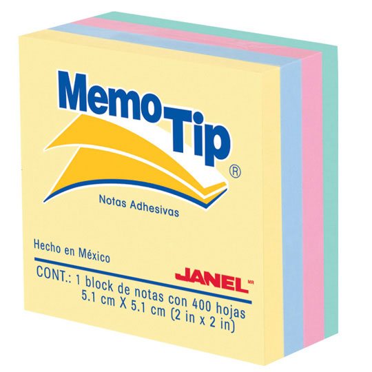 MINICUBO MEMO TIP PASTEL 2X2 PULG PZA
CON 400 HOJAS DE 5.1CM X 5.1CM
ARTÍCULO: NOTA ADHESIVA
TIPO: REMOVIBLE
MODELO: MEMOTIP
MARCA: JANEL
COLOR: COLORES PASTEL