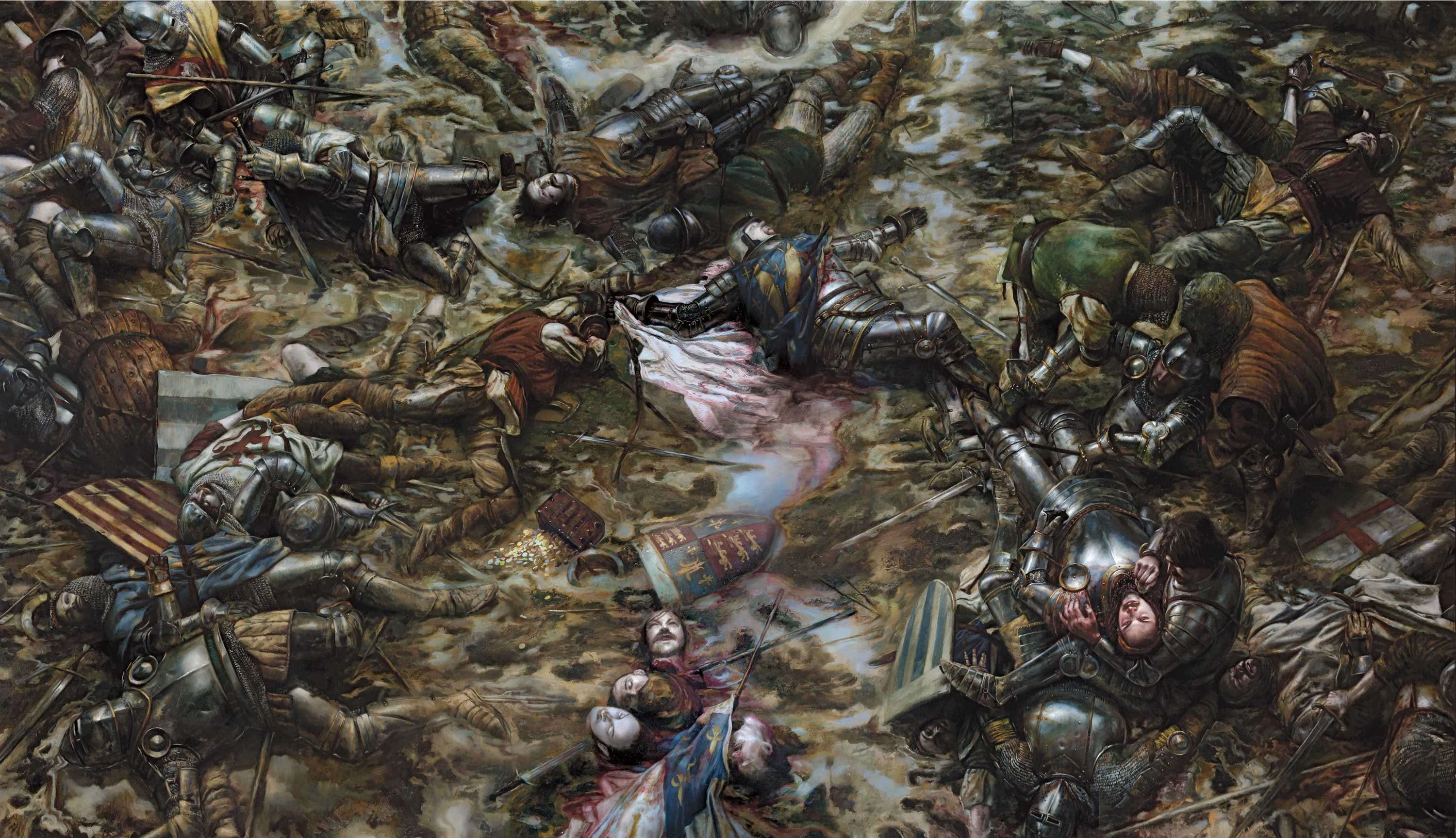 The Battle of Agincourt, 25 October 1415 
center panel of triptych
48" x 84"  Oil on Panel
Collection of Scot Tubbs