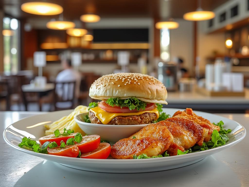 Deliciosa hamburguesa con queso, lechuga y tomate, acompañada de papas fritas y rodajas de tomate, en un restaurante iluminado.