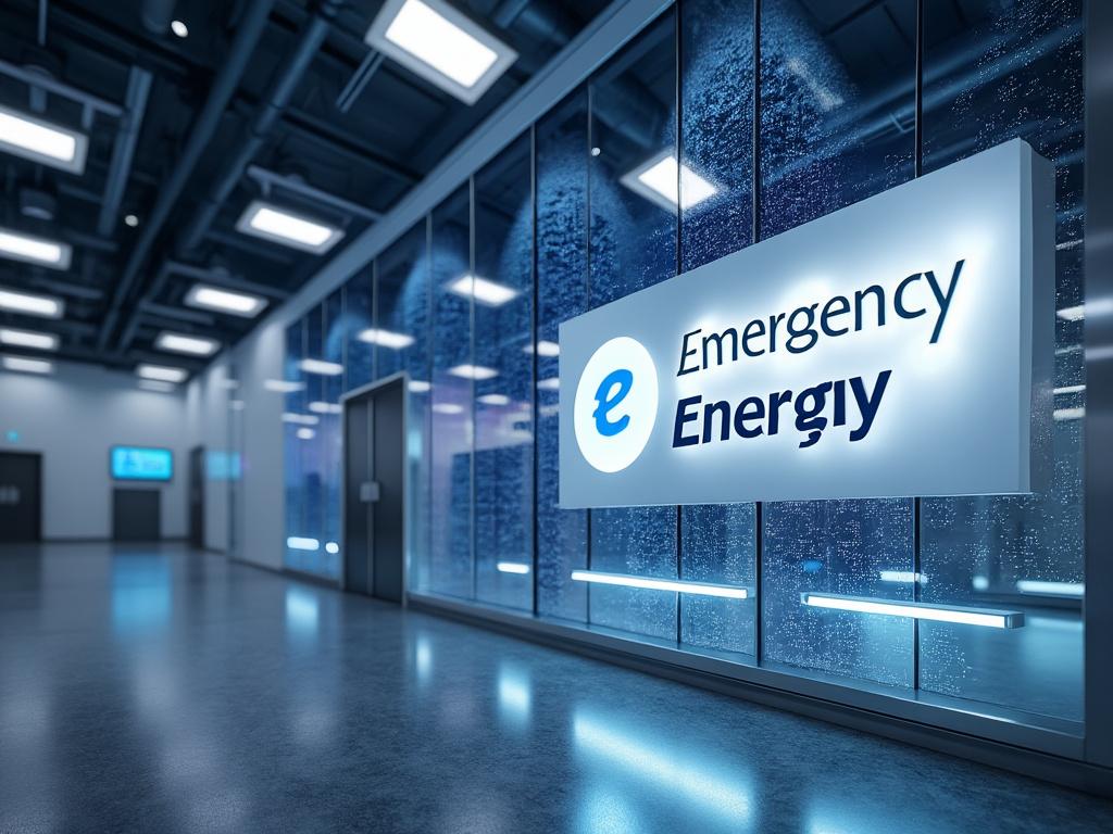 Interior de un edificio corporativo moderno con un gran letrero iluminado que dice 'Emergency Energy' en la pared de vidrio, destacando diseño futurista y elegante.