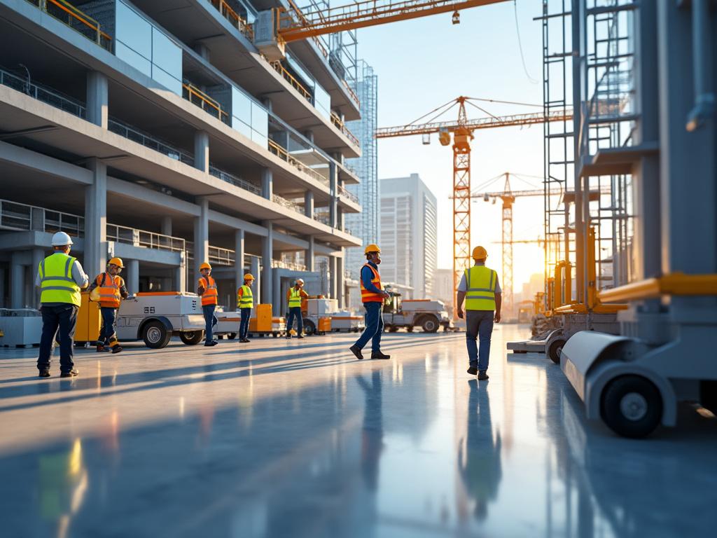 Obreros de la construcción trabajando en un sitio con grúas y edificio en construcción al fondo durante el atardecer.