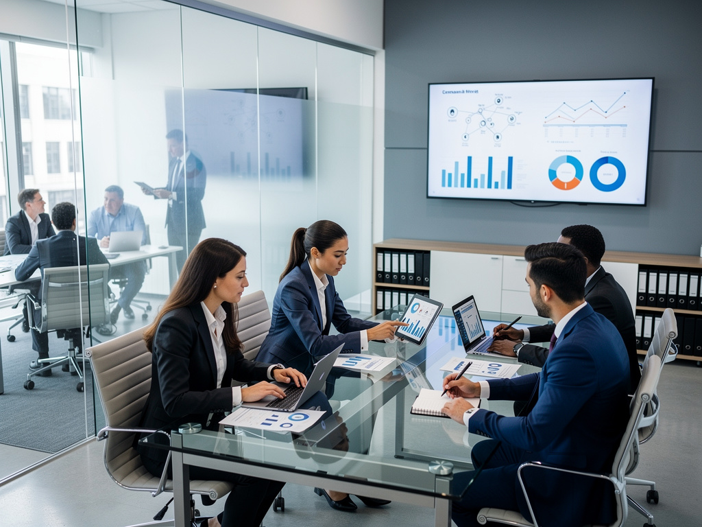 Reunión de negocios en oficina moderna con ejecutivos analizando gráficos y datos en pantalla