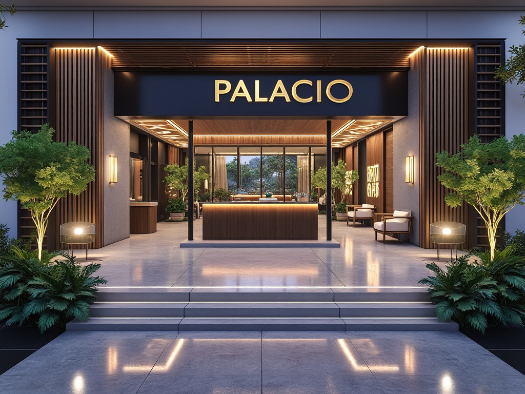 Entrada de hotel moderno con letrero 'PALACIO', decoración elegante, luces cálidas y vegetación.