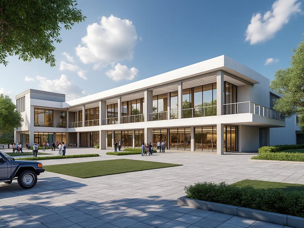 Edificio moderno de dos plantas con fachada de cristal, rodeado de personas en una plaza abierta, cielo azul y árboles verdes.