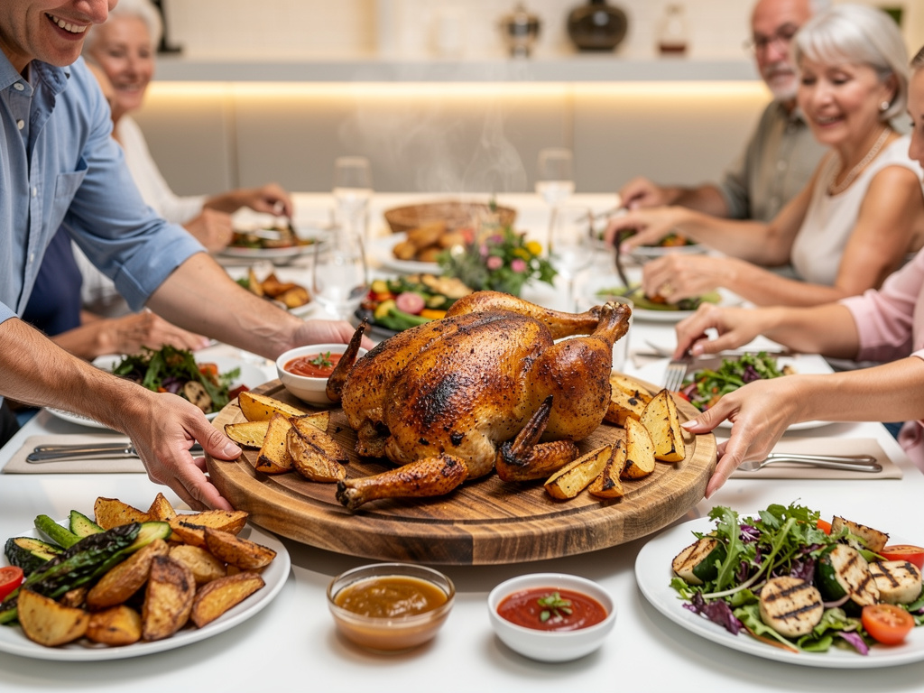 Cena familiar con pollo asado, patatas y ensaladas servido en una mesa