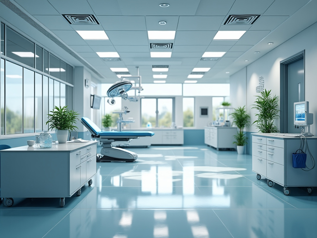 Sala médica moderna con equipo odontológico, plantas decorativas y luz natural.