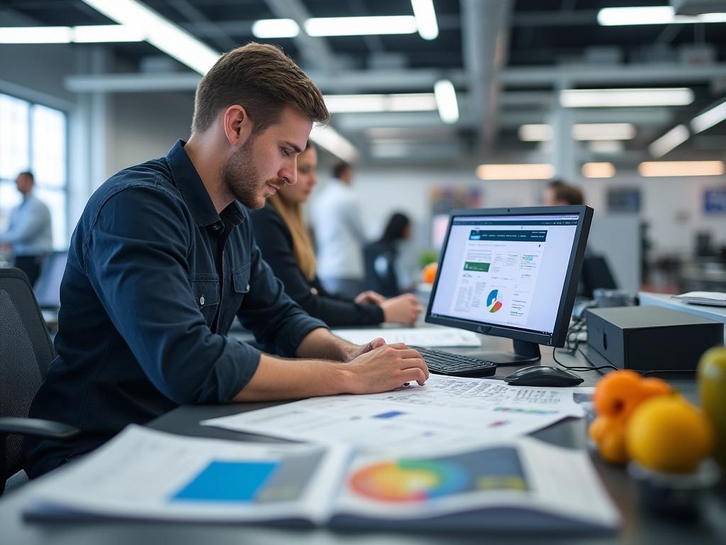 Hombre joven trabajando en oficina moderna con computadoras y documentos, enfoque en pantalla con gráficos.