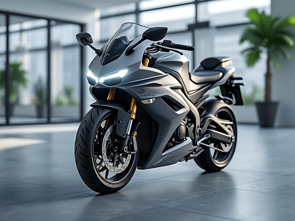 Motocicleta deportiva plateada en sala de exposición moderna con iluminación natural y plantas decorativas. Motocicleta deportiva plateada en sala de exposición moderna con iluminación natural y plantas decorativas.