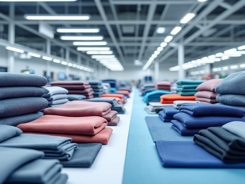 Pilas de telas de colores en una tienda grande, con iluminación fluorescente y techo alto. Pilas de telas de colores en una tienda grande, con iluminación fluorescente y techo alto.