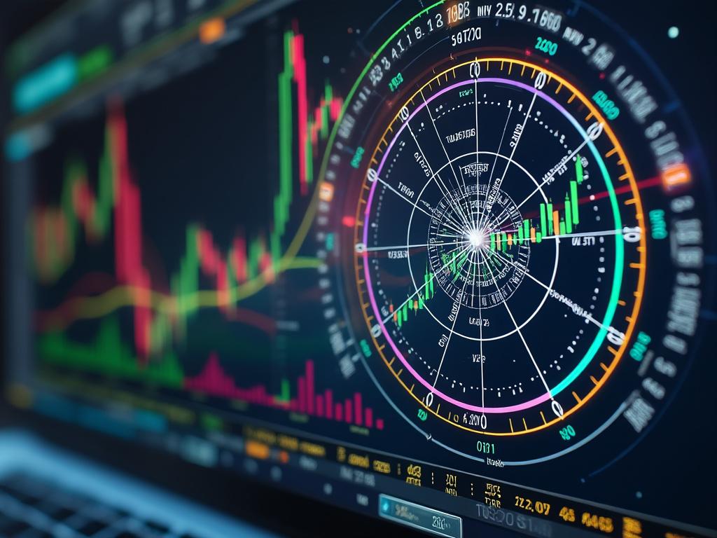 Futuristic stock market analysis on a computer screen featuring a circular chart with colorful graphs and numbers.