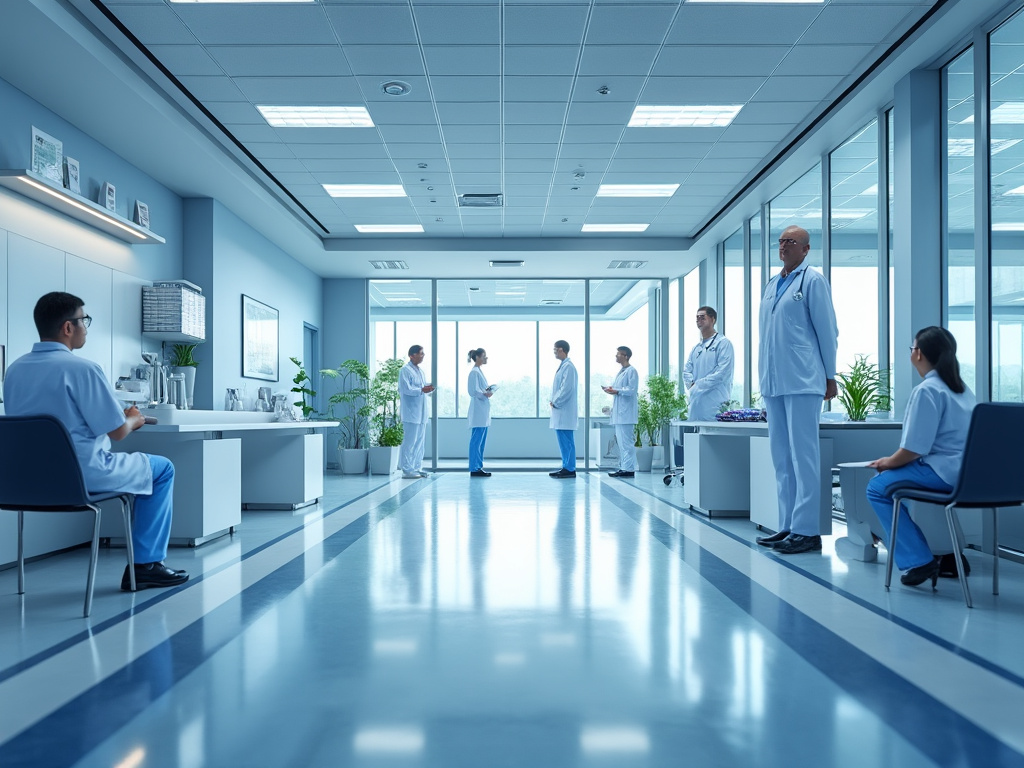 Personal médico en un pasillo moderno de hospital, con batas blancas y ambiente iluminado.