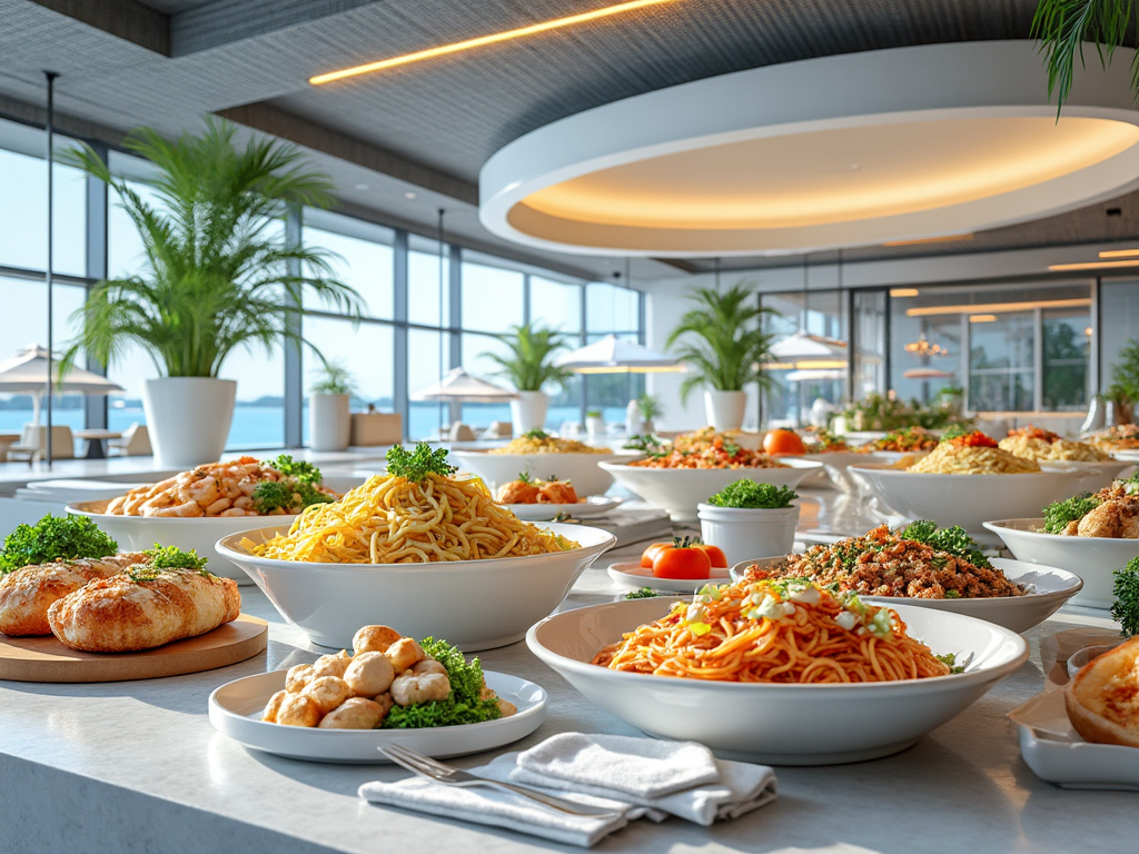 Mesa de buffet con platos de pasta variada, panes y ensaladas, rodeada de plantas en un restaurante con grandes ventanales.