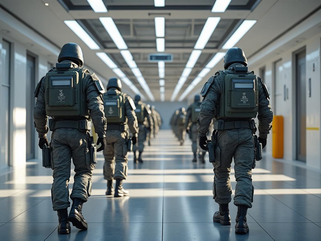 Soldados con uniforme táctico caminando en un pasillo moderno y bien iluminado.