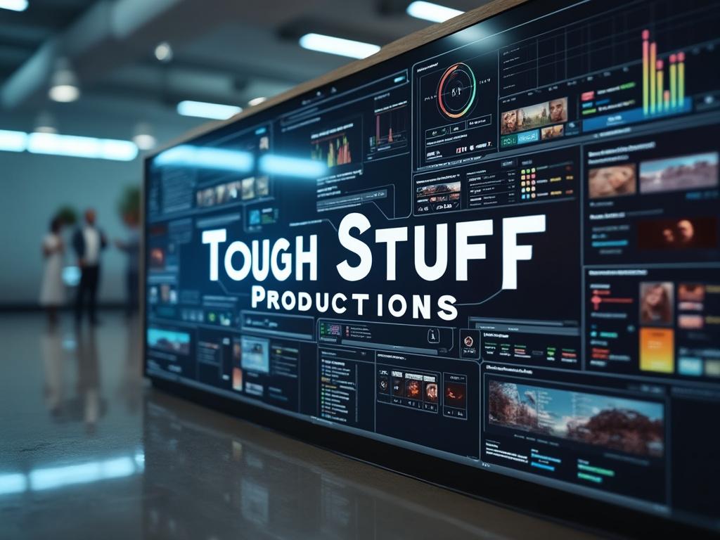 Digital display featuring Tough Stuff Productions logo with various charts and graphs in a modern office setting.