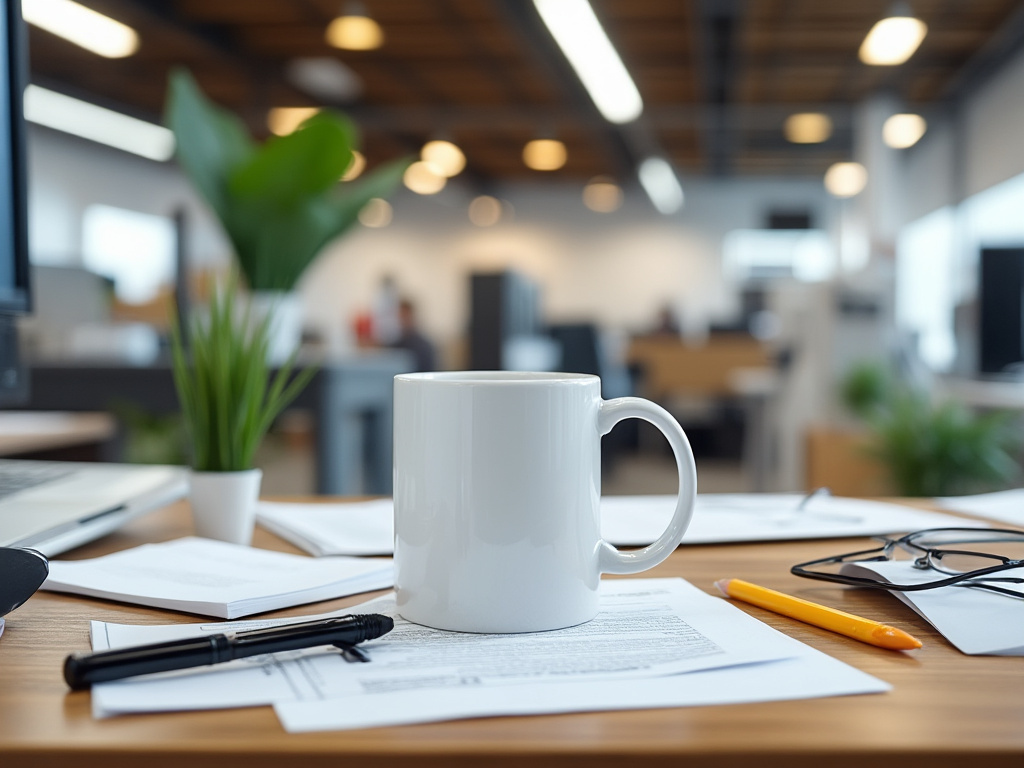 Taza blanca en un escritorio de oficina con documentos, bolígrafos y una planta.