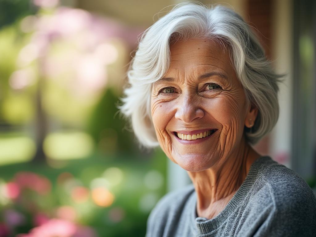 Elderly woman with gray hair smiling warmly outdoors, blurred floral background.