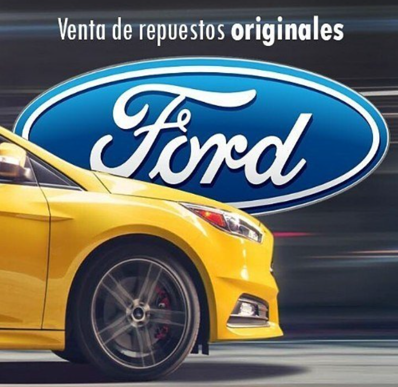 Coche Ford amarillo frente a logotipo, promoción de repuestos originales.