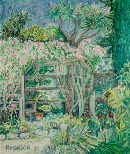 Op-045 LARKIN GARDEN 36 in x 30 in Oil on Jute 1995 private collection
