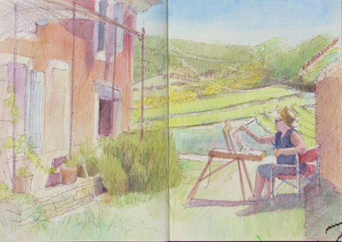 Sarah painting the house at Couguieux