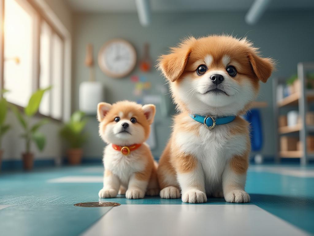 Dos cachorros esponjosos con collares, uno azul y otro rojo, sentados en una habitación iluminada y decorada con plantas. Dos cachorros esponjosos con collares, uno azul y otro rojo, sentados en una habitación iluminada y decorada con plantas.