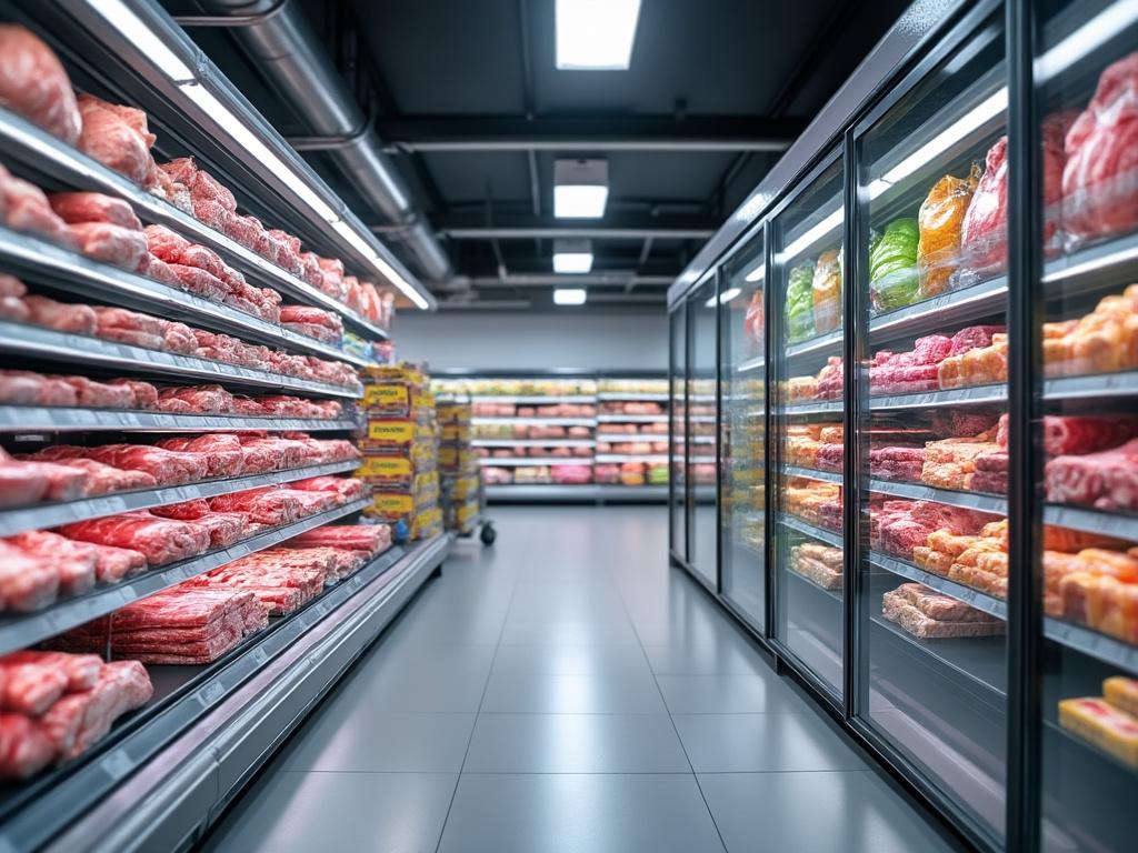 Aisle in a supermarket with shelves stocked with various meats and packaged goods under fluorescent lighting.
