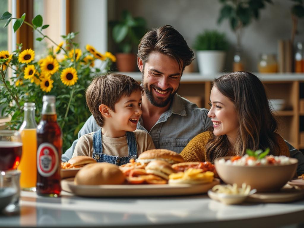Familia sonriente disfrutando de un desayuno con hamburguesas y bebidas en una cocina, con girasoles de fondo. Familia sonriente disfrutando de un desayuno con hamburguesas y bebidas en una cocina, con girasoles de fondo.
