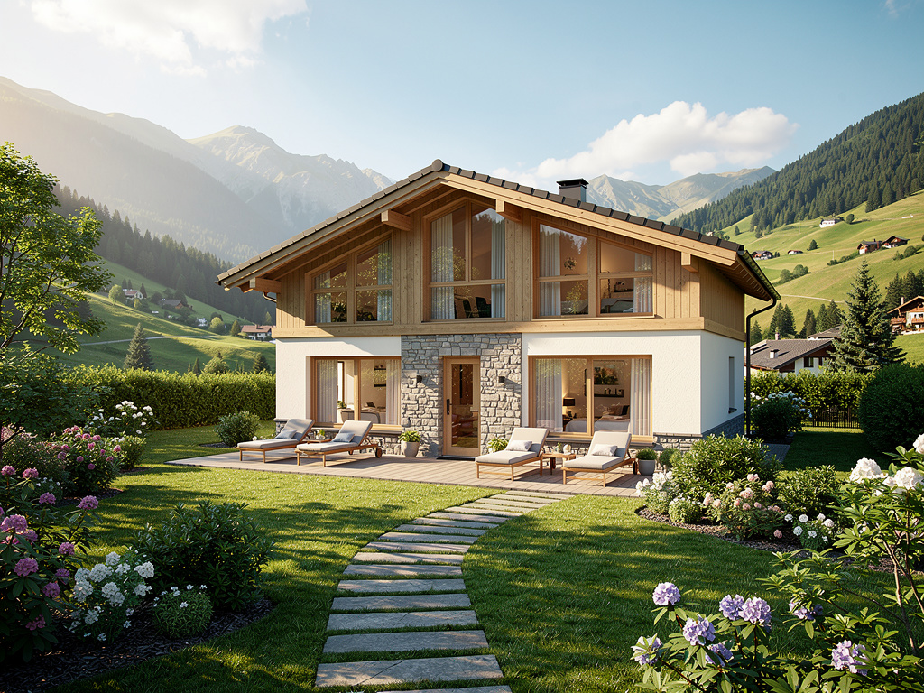 Chalet moderno de madera y piedra con jardín en paisaje alpino de montaña