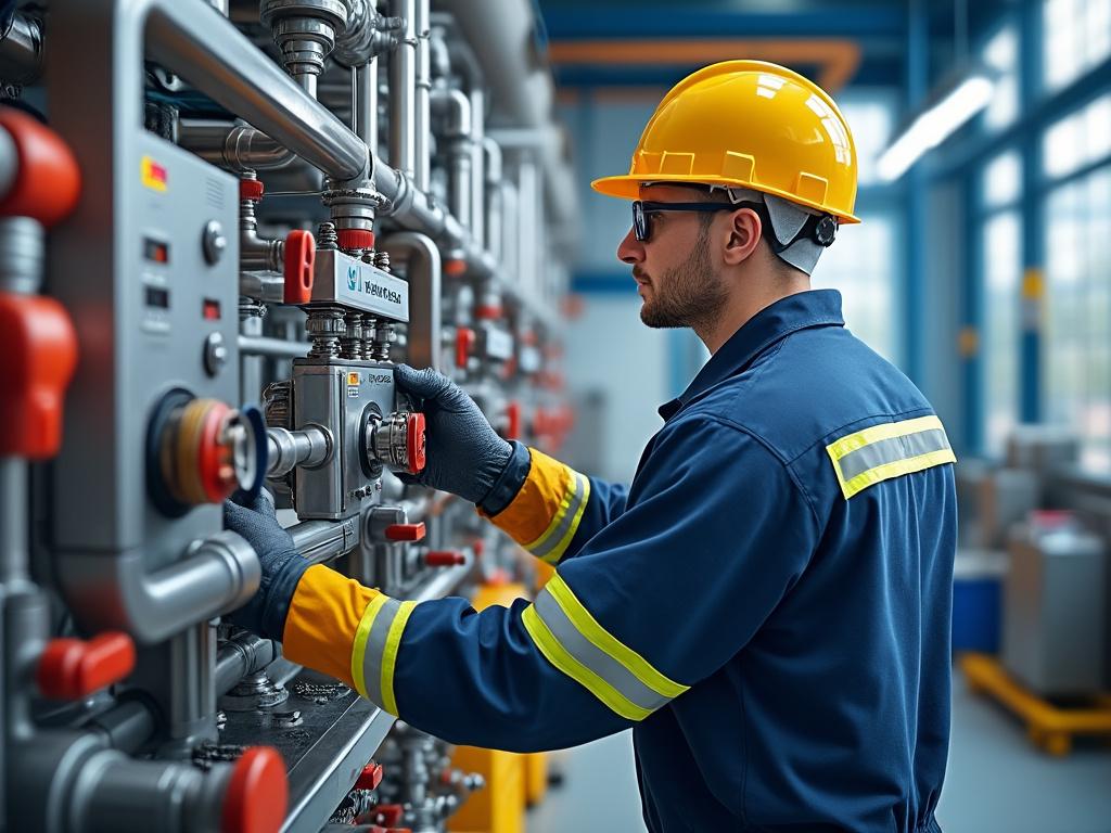 Trabajador industrial con casco amarillo y uniforme azul operando maquinaria en una fábrica.