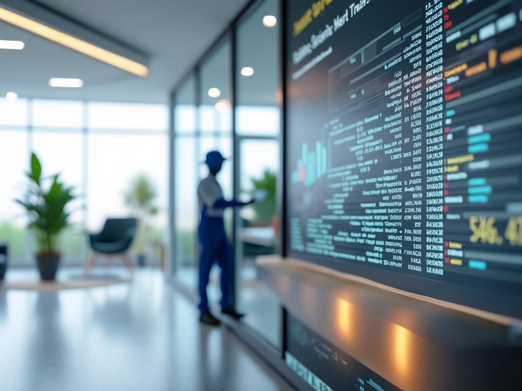 Oficina moderna con pantalla digital mostrando datos y figura humana en segundo plano.