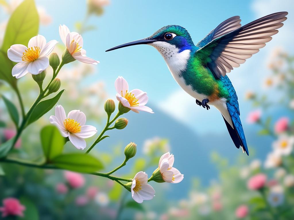 Colibrí de colores vivos volando cerca de flores blancas con un fondo de cielo azul y vegetación.