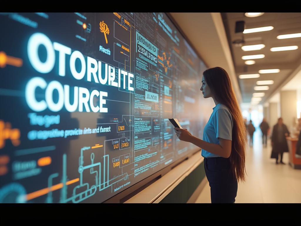 Mujer joven observando una pantalla interactiva en un ambiente moderno y tecnológico.