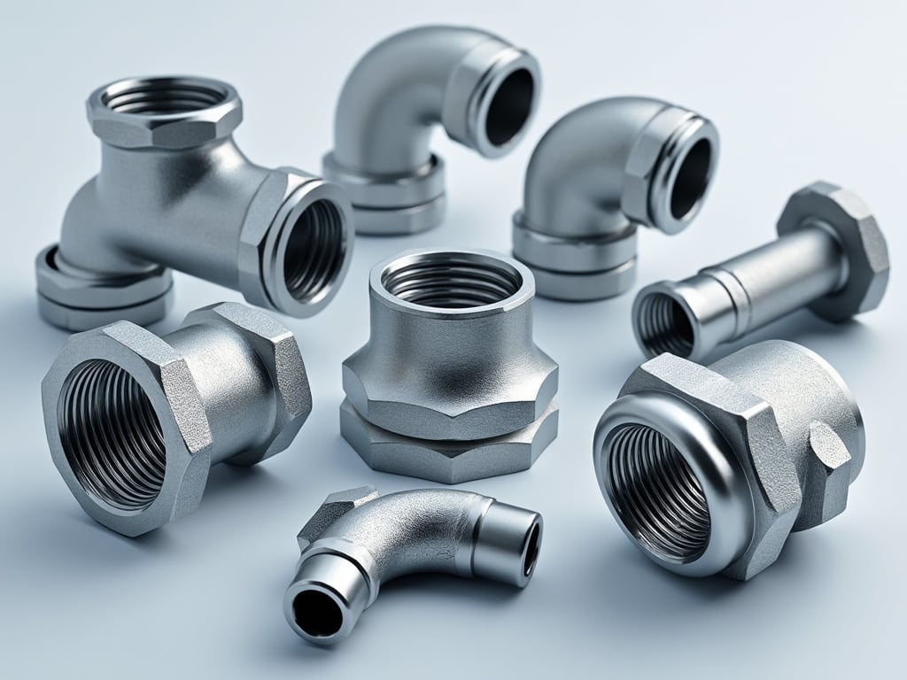 Conjunto de accesorios de tuberías de metal, incluyendo codos y uniones roscadas.