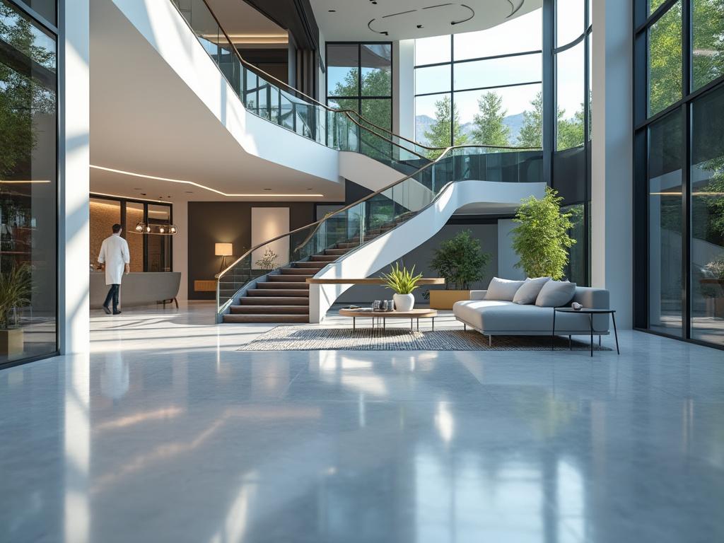 Amplio vestíbulo moderno con escaleras curvas, ventanales grandes, plantas decorativas y un sofá elegante.