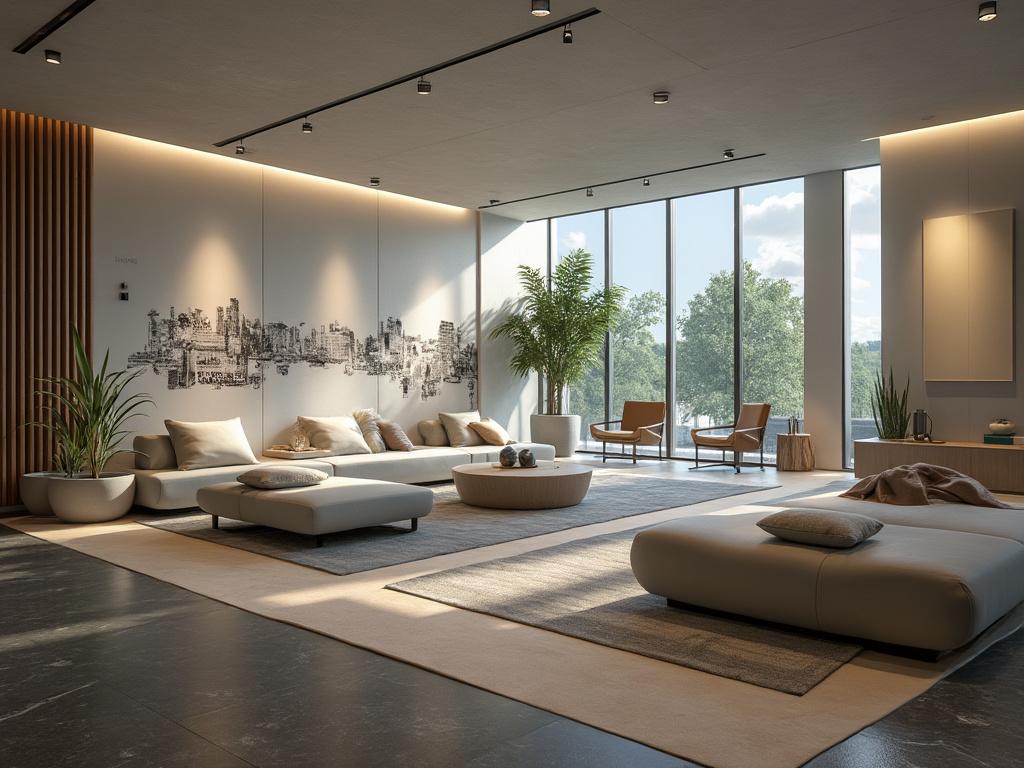 Sala de estar moderna y luminosa con sofás beige, plantas decorativas y grandes ventanales que muestran vistas al exterior.